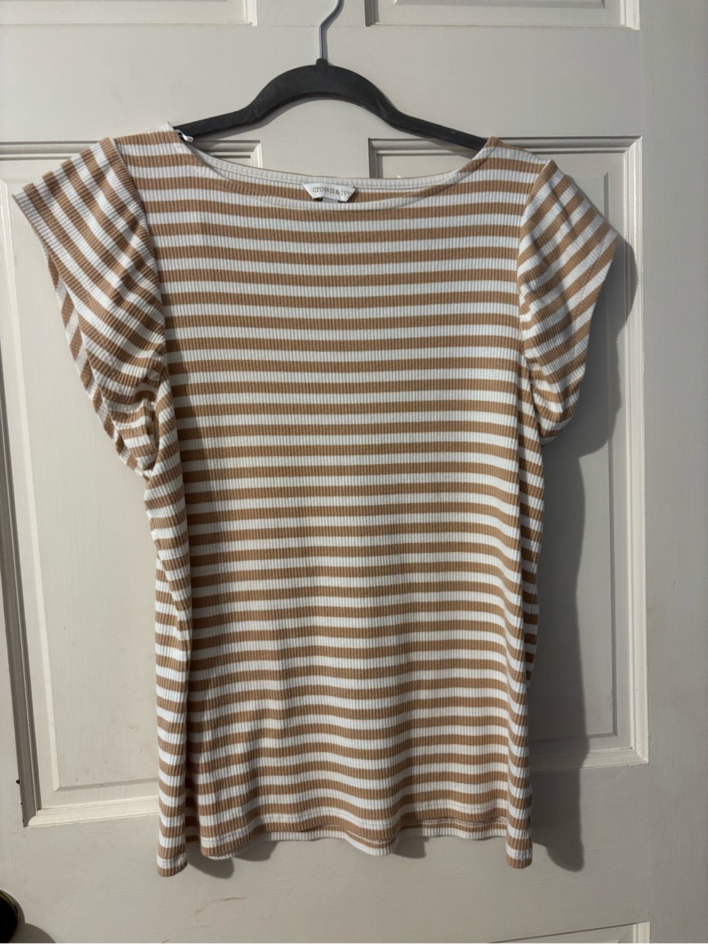 crown & ivy Camel and White Striped Short Sleeve Top